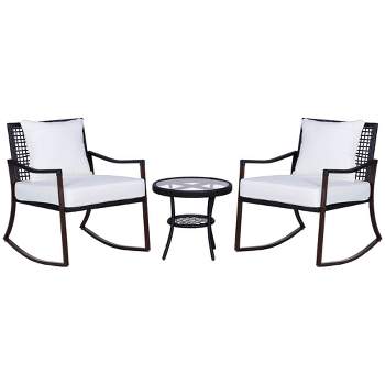 Outsunny 3-Piece Bistro Set Outdoor Wicker Furniture Set with Rattan Rocking Chair, Side Table for Patio Backyard Garden and Balcony