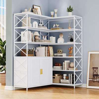 Corner Bookshelf, 6 Tier Vintage Industrial Corner Book Shelf, Farmhouse L Shaped Book-Shelf with Cabinet, Modern Industrial Bookcase
