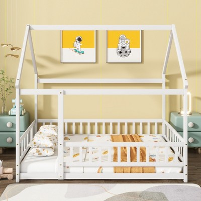 TiramisuBest Full Size House Floor Wooden Bed with Roof Frame Safety Guardrails Imaginative Playhouse Design for Kids Bedroom