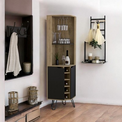 Alilang 17.70 Inch Modern Corner  Cabinet with Wine Storage and Glass Rack-Black   Dark Walnut