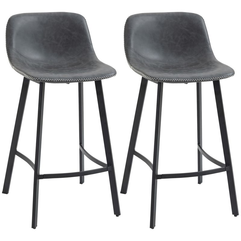 HOMCOM 27.25" Counter Height Bar Stools Set of 2, Industrial Kitchen Stools, Upholstered Armless Bar Chairs with Back, Steel Legs, 1 of 7