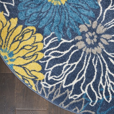 Blue and Yellow Floral Round Synthetic Area Rug, 5'3"