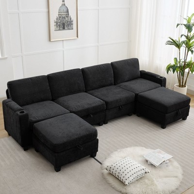 Hyleory 117.4" Modern Chenille Fabric Storage U-shaped Sectional Sofa,6 seater Couch with Double Ottomans for Living Room