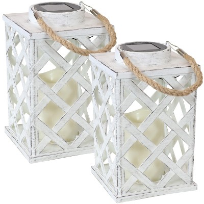 Sunnydaze Outdoor Modern Crosshatch Hanging Tabletop Solar LED Rustic Farmhouse Decorative Candle Lantern - 9"