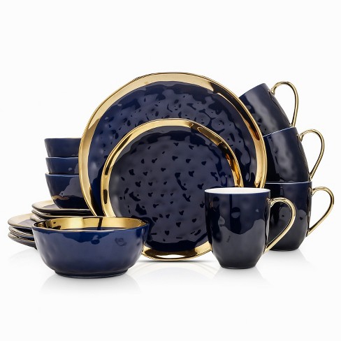 Stone Lain Florian 16-Piece Dinnerware Set Porcelain, Service for 4, Navy Blue