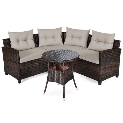 Tangkula 4PCS Outdoor Patio Conversation Set Wicker Rattan Sectional Sofa W/Cushions