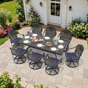 9-Piece Rectangle Cast Aluminum Outdoor Patio Dining Set with Swivel Chairs & Blue Cushions & Umbrella Hole - 1 of 4