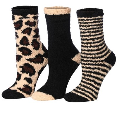 Tipi Toe Women's 3 Pairs Cozy Microfiber Anti-Skid Soft Leopard Solid Stripes Patterned Fuzzy Crew Socks