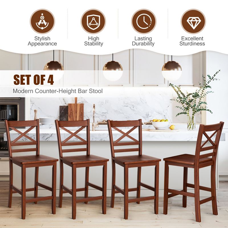 Costway Set of 4 Bar Stools 24'' Counter Height Chairs w/ Rubber Wood Legs Walnut, 5 of 9
