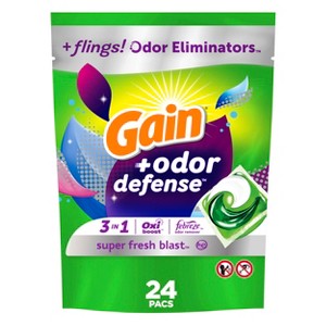 Gain Flings Laundry Detergent Pacs with Odor Defense, 24 Count, Super Fresh Blast Scent, HE 3in1 Detergent Pacs with Febreze and Oxi - 1 of 4