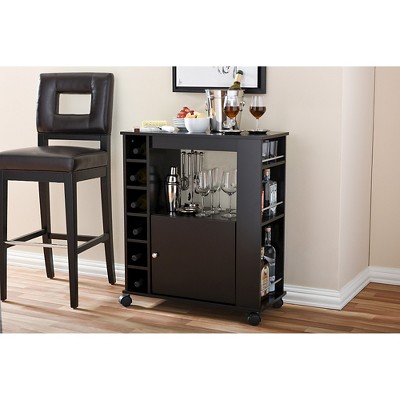 Dark Brown Rubberwood Mobile Wine Bar Cabinet with Storage