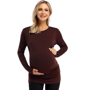 Maternity Shirt Side Button and Ruched Maternity Tunic Tops Maternity Long Sleeve T-Shirts (M,purpleRed-Long) - 1 of 4