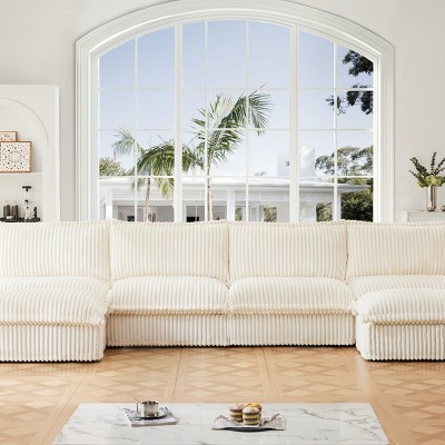 Upholstered Sectional Sofa, 4 Seater Armless Sectional Sofa with Reversible Ottoman, Sectional Sofas with Corduroy Fabric-Cuddlewood