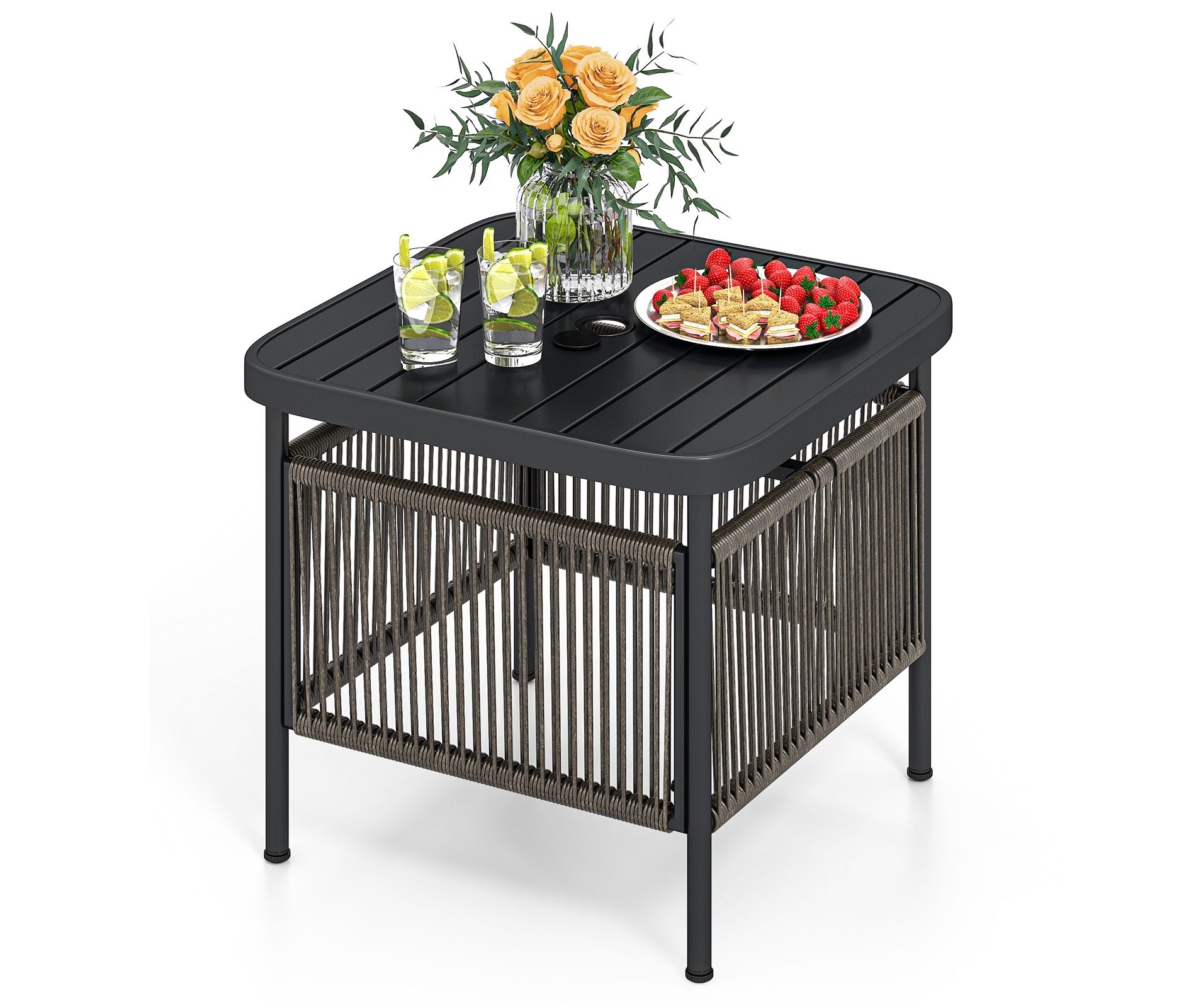 Tangkula Outdoor PE Rattan Side Table w/ 1.57" Umbrella Hole Square Patio End Table