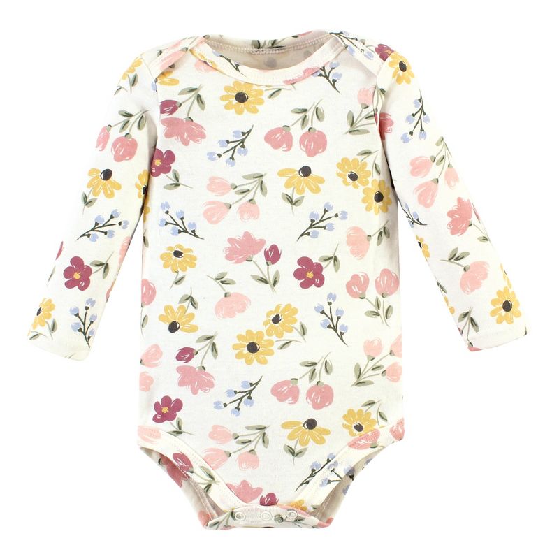 Hudson Baby Infant Girl Cotton Long-Sleeve Bodysuits, Soft Painted Floral 5 Pack, 4 of 8