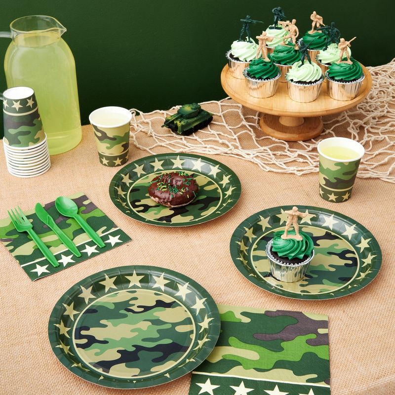 Blue Panda 144-PieceCamo Party Decorations for Army-Themed Birthday, Baby Shower, Serves 24, Camouflage Paper Plates, Napkins, Cups, and Cutlery, 2 of 10