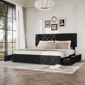 Platform Bed Frame with 4 Drawers, Linen Upholstered Bed Frame with Adjustable Diamond Button Tufted Headboard, Noise Free - 1 of 4