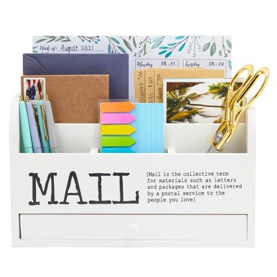 White Wooden 3-Tier Mail Organizer with Drawer