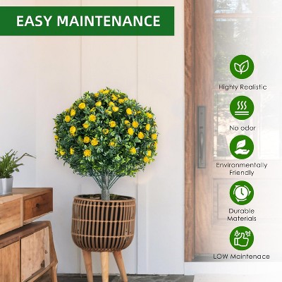 Set of 2 Artificial Topiary Ball Trees with Metal Stakes, 21.6" UV-Resistant PE Fake Plants with Begonia Flowers for Indoor/Outdoor Decor
