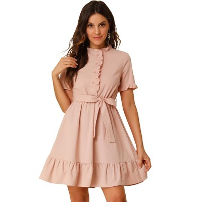 Allegra K Women's Ruffle Hem Fit and Flare Frill Trim Button Front Dresses