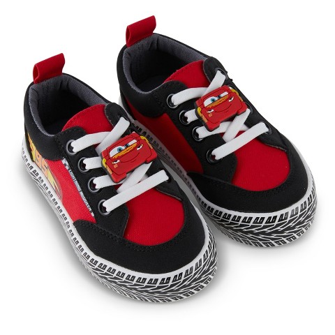 Disney Boys Toddler Cars Low Top Sneaker - Lightning McQueen Shoes - Lightning McQueen, Mater, Doc Hudson, and Sally Lace Up Low Top Sneaker (Black Red, 5)