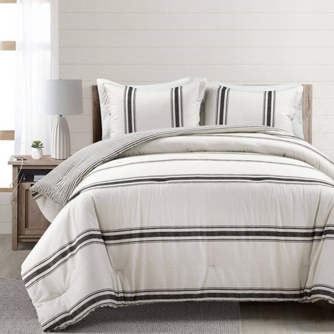 5pc Full/queen Clipped Stripe Poms Comforter Bedding Set Gray