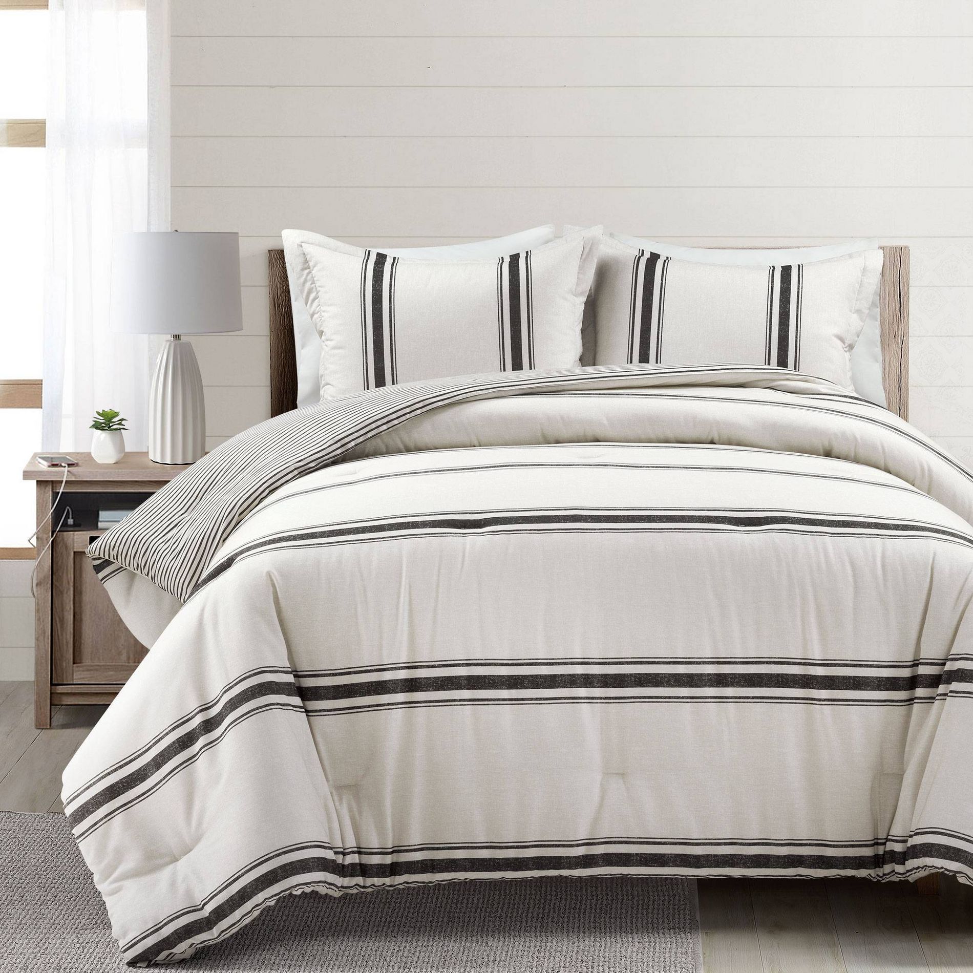 3pc Full/Queen Farmhouse Stripe Reversible Comforter & Sham Set Black - Lush Décor: 460 Thread Count, Machine Washable