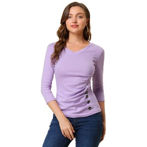 INSPIRE CHIC Women's V Neck 3/4 Sleeves Solid Knitted Buttons Decor Ruched Blouse - 1 of 4