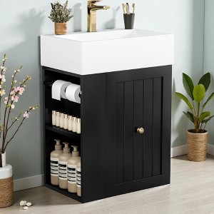 Mshliw 20" Wall-Mounted Bathroom Vanity with Ceramic Sink, Drawer & Side Shelf, Golden Handle, Space-Saving Modern Floating Cabinet - 1 of 4