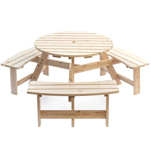 round wooden picnic tables