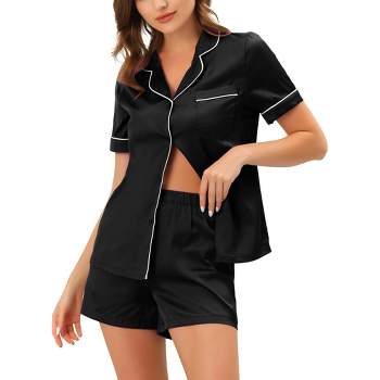 cheibear Women's Satin Button Down Sleepwear Shirt with Shorts Pj Sets