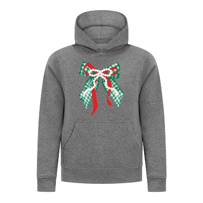 Everyday Kids Christmas Collection Green Gingham Pearl Bow Girls Pullover Hoodie – Holiday Sweatshirt -Charcoal Gray