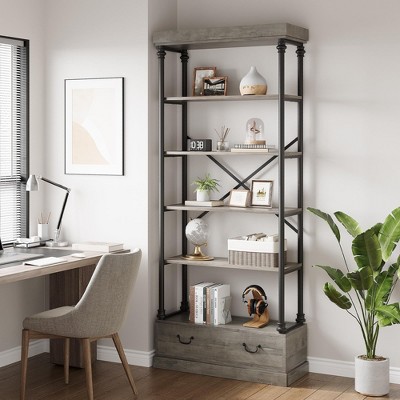 Industrial 6-Tier Bookshelf with Storage Drawers - Wood & Metal Bookcase for Living Room, Bedroom, or Home Office