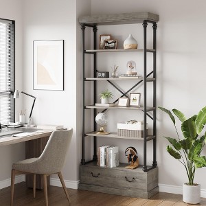 Industrial 6-Tier Bookshelf with Storage Drawers - Wood & Metal Bookcase for Living Room, Bedroom, or Home Office - 1 of 4