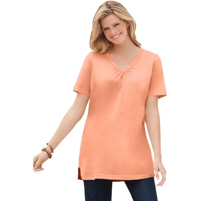 Woman Within Women's Plus Size Perfect Short-Sleeve Shirred V-Neck Tunic