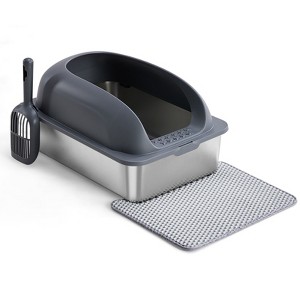 SEVOBAL Litter Boxes and Pans Stainless Steel Cat Litter Box with Lid, Large Cat Litter Box for Big Cats, Scoop and Mat, Gray, 23.62"*11.81"*15.75" - 1 of 4