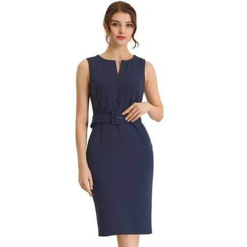 Allegra K Women's Slim Fit Elegant Work Sleeveless Split Neck Sheath Dress  Dark Navy Large : Target