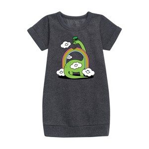 - Instant Message - St. Patrick's Day Dinosaur Eatting Rainbow Graphic Short Sleeve Fleece Dress - 1 of 3