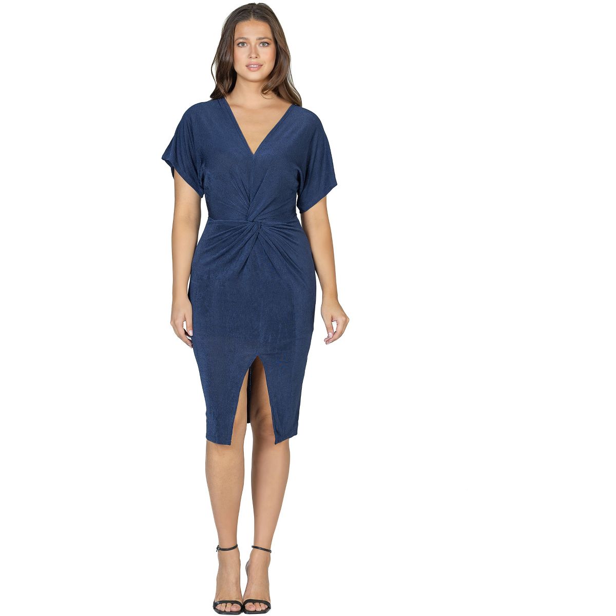 Womens Short Sleeve V-Neck Twist Front Split Hem Knee Length Dress - 24seven Comfort Apparel™ - thumbnail 6