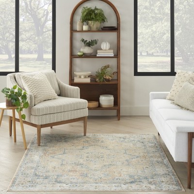 Beige Blue Medallion Synthetic 4' x 6' Washable Rug
