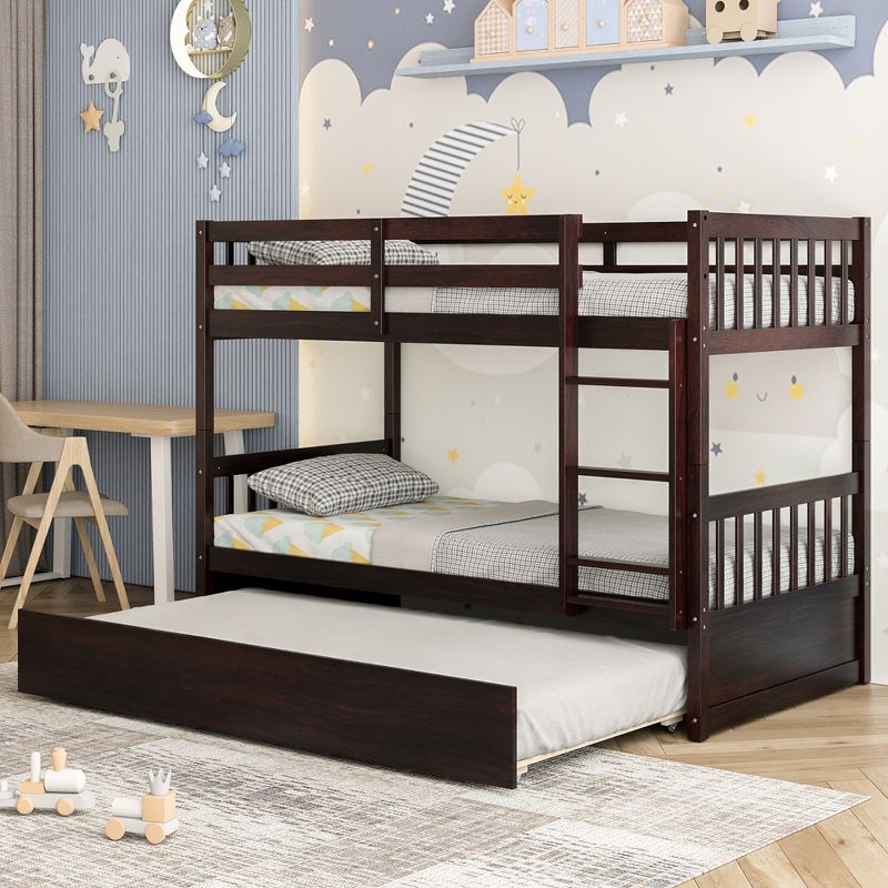 Costway Twin Over Twin Bunk Bed with Twin Trundle Solid Wood Frame Espresso/White, 4 of 11