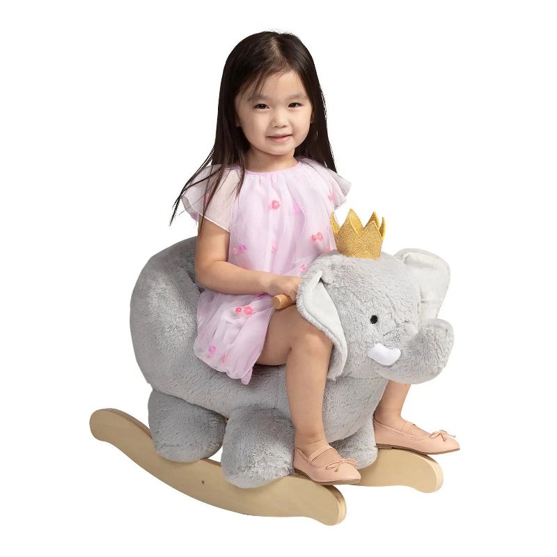Manhattan Toy Plush Elephant Wooden Rocking Toy with Crown, Adjustable Seat Belt and Wooden Hand Grips, 3 of 9