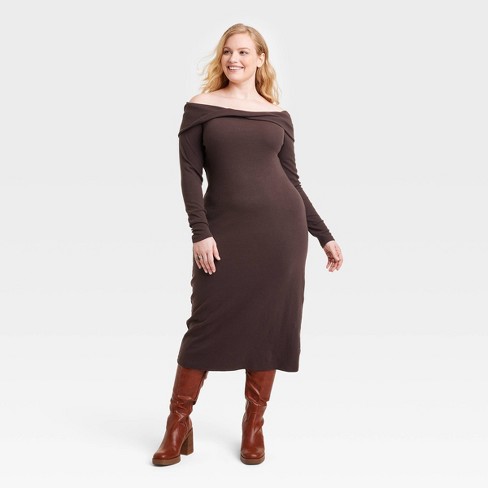 Brown long cheap sleeve bodycon dress