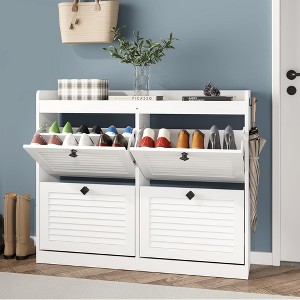 Large Rattan Shoe Cabinet with 4 Flip Drawers, Narrow Freestanding Shoe Organizer with Wooden Legs - 1 of 4