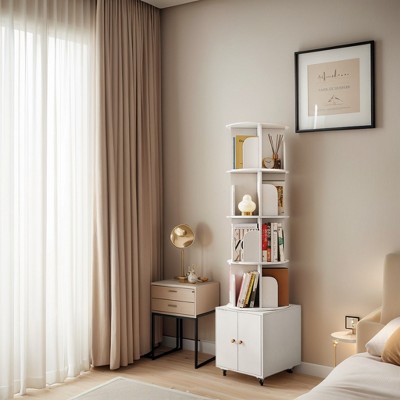 Vynxaria Rotating Bookshelf, 360 Degree Display 5 Tier Corner Bookshelf with Drawer for Small Space, Floor Standing Bookcase Storage Rack,WHITE