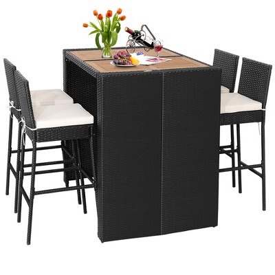 Tangkula 5-Piece Patio Rattan Bar Set Outdoor Wicker Set w/ Bar Height Table & 4 Bar Stools
