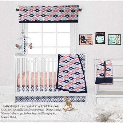 Bacati - Emma Coral Mint Navy 10 pc Crib Bedding Set with 2 Crib Fitted Sheets