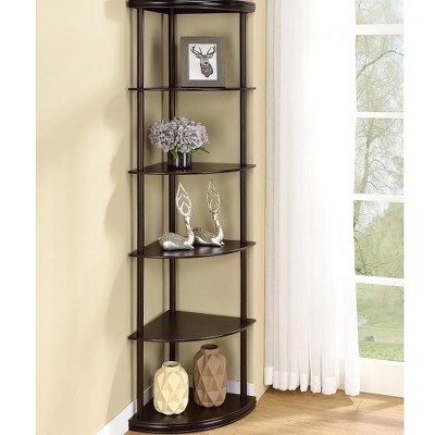 Space-Saving 4-Tier Corner Bookcase – Compact Brown Display Shelf for Living Room, Office, Library, or Bedroom