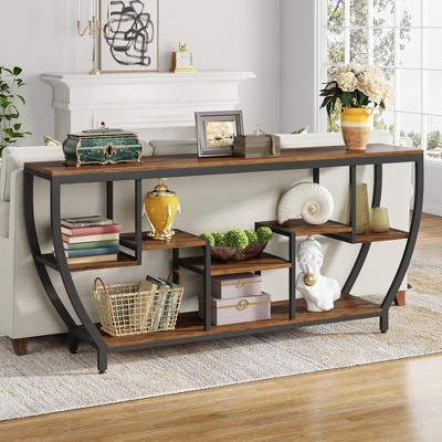 70.9" Console Sofa Table with 7-Tier Staggered Storage Shelves, Extra Long Narrow Design, Multi-Functional Use and Adjustable Leg Pads