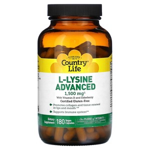 Country Life L-Lysine, Advanced, 1,500 mg, 180 Vegan Capsules (500 mg per Capsule) - 1 of 2